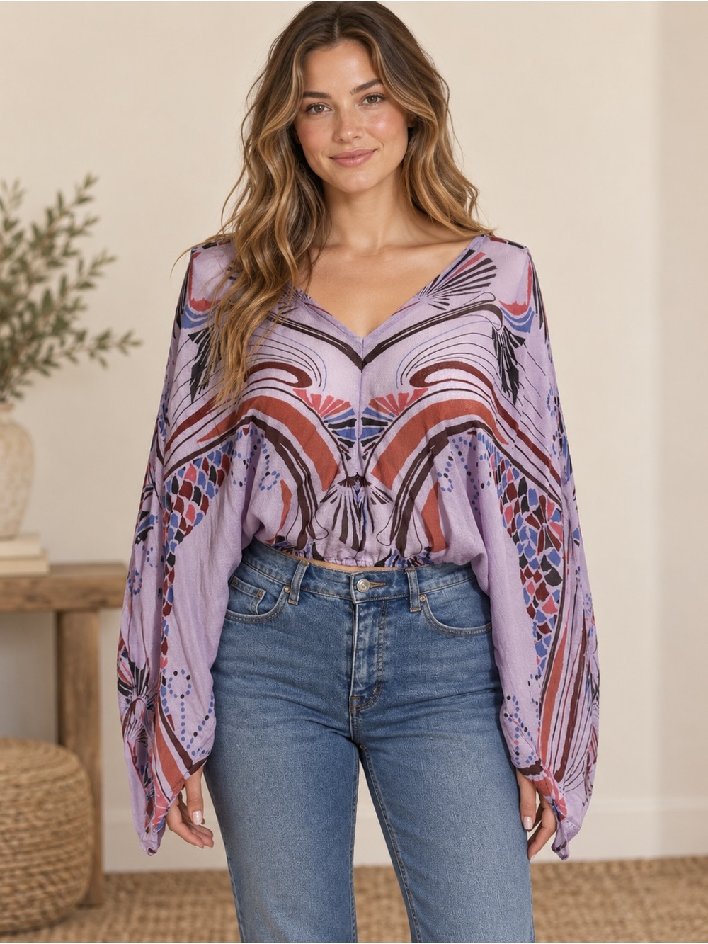 Free People XS Lavender Abstract Print Draped Sleeve Top